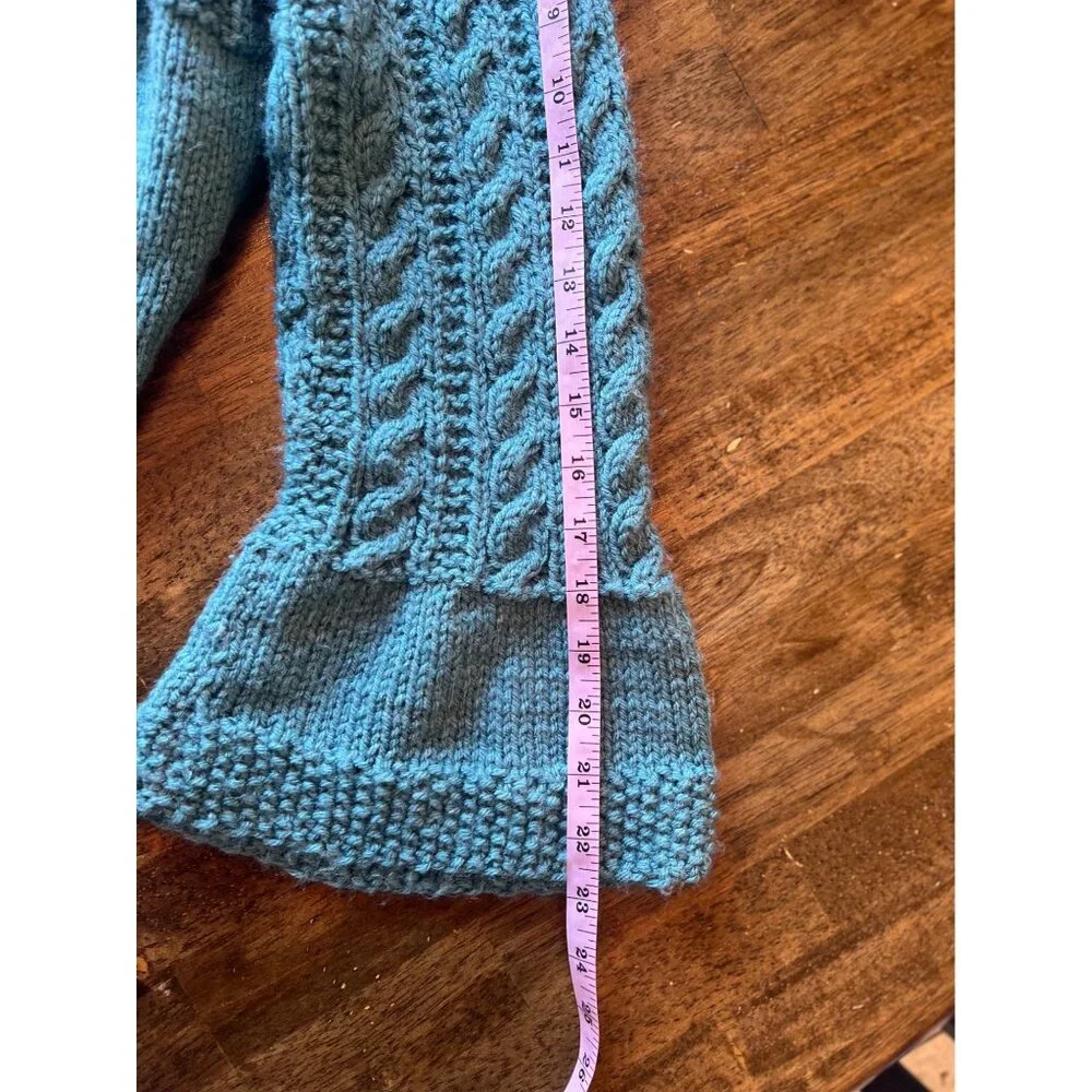 Handmade Blue Cable Knit Bell Sleeve Cardigan Sweater Size Medium - Picture 9 of 10